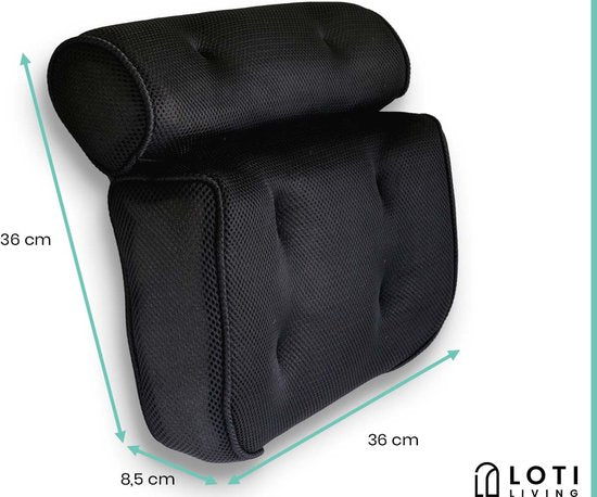 Loti Living Badekissen für die Badewanne - Badekissen - Nackenkissen für die Badewanne - Kopfstütze für die Badewanne - Badekissen mit Saugnäpfen - 6 Saugnäpfe - Ergonomisches Nackenkissen - Anti-Rutsch - Schwarz