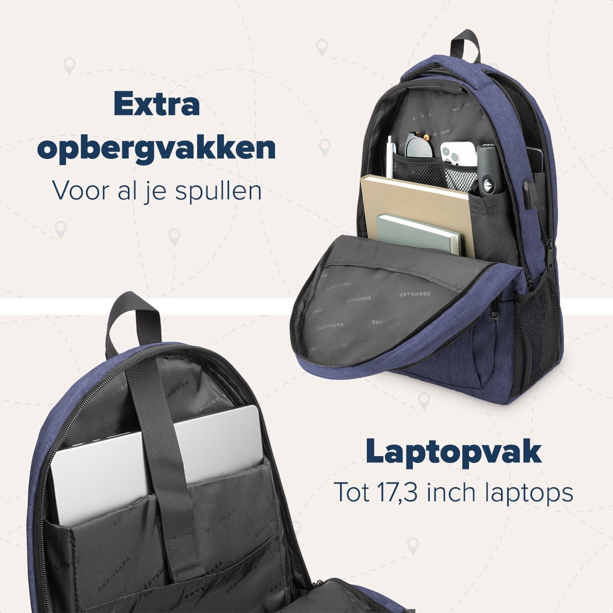 TRVLMORE Rucksack - 36L - 17.3 Zoll - Laptop-Rucksack - Schultasche - Unisex - Spritzwassergeschützt Blau