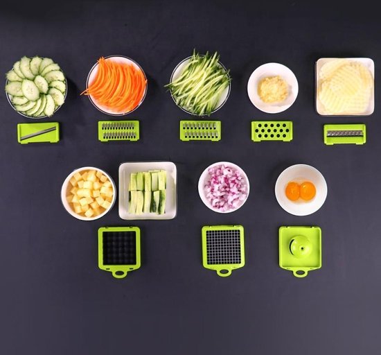 Gemüseschneider – Slicer-Dicer – Gemüsehacker – Mandoline – Gemüseschneider – inkl. 7 Klingen – inkl. Schälmesser – Käsereibe – inkl. Eiertrenner – Allesschneider –