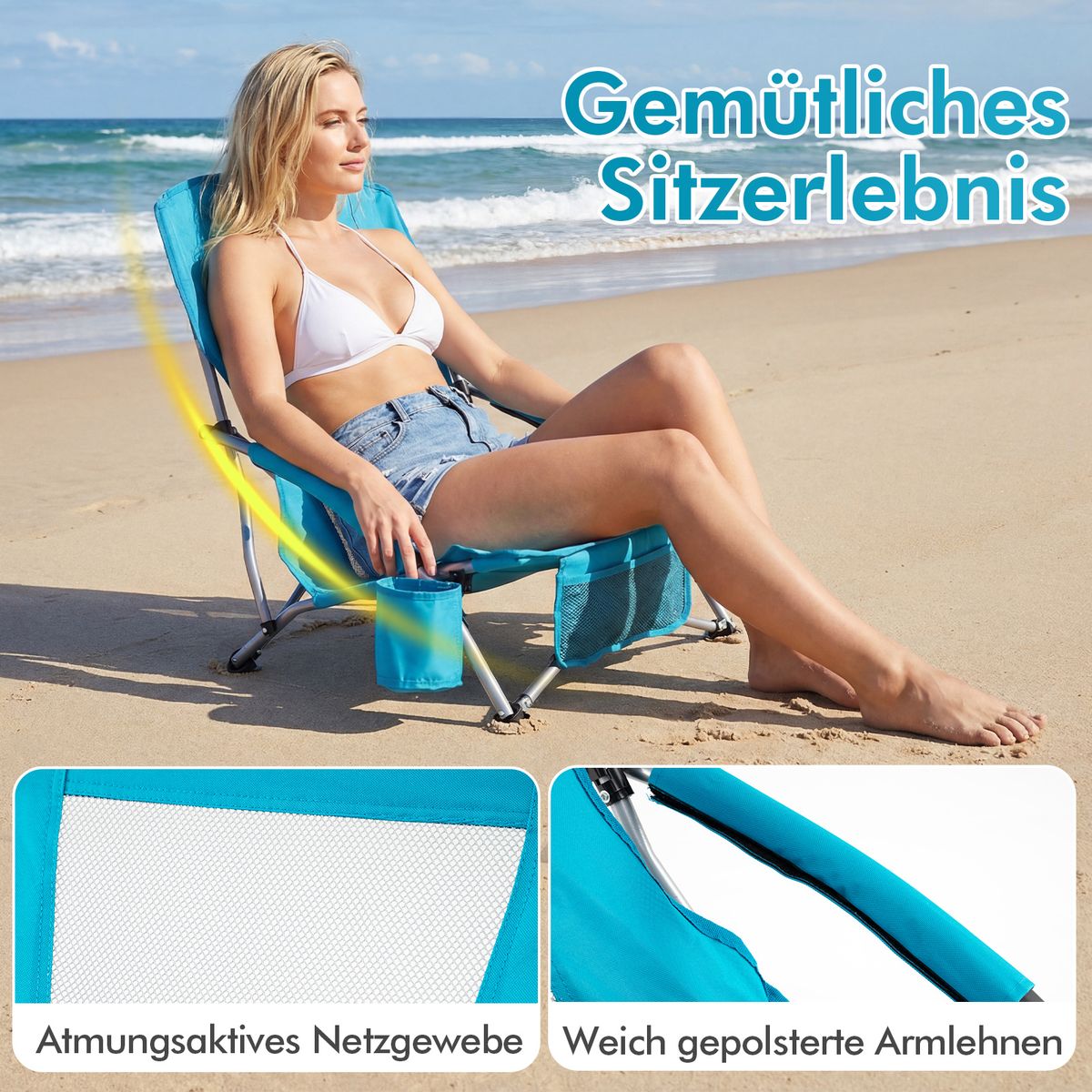 Coast Klappbarer Strandstuhl – atmungsaktives Netzgewebe – mit Armlehnen und Getränkehalter – blau