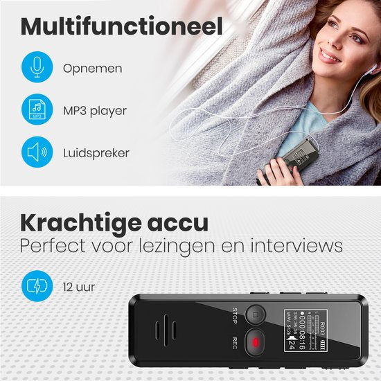 Auronic Digitales Diktiergerät - Diktiergerät - 8GB Speicher - Rauschunterdrückung - USB wiederaufladbar - Abhörgerät - Schwarz