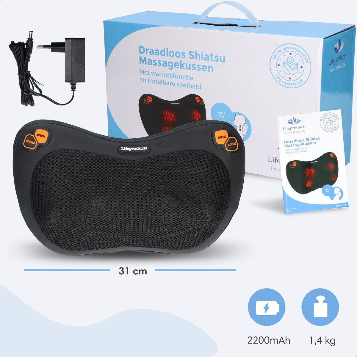 Lifeproducts Elektrisches Shiatsu-Massage-Kissen | Massagegerät mit Wärmefunktion