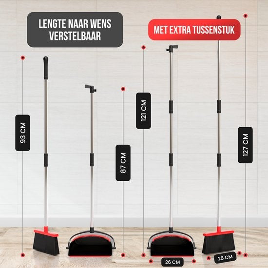 Strex Kehrschaufel und Bürste mit langem Stiel - verstellbar von 87-127cm - mit integrierten Reinigungszähnen