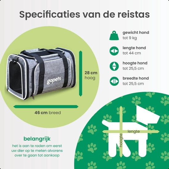 Gopets Tragetasche Hund und Katze - Hundetasche - Reisetasche - Katzentasche - Geeignet für Flugzeuge - Bis zu 9,5 kg - Grau - 46 x 28 x 28 cm - L