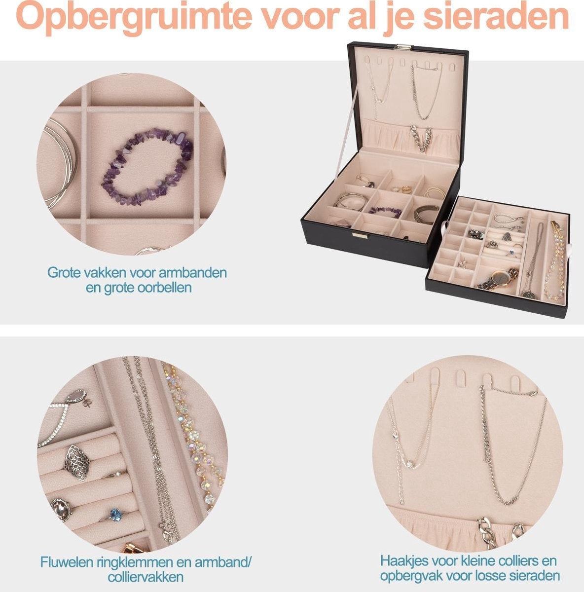 LifeGoods Schmuckkästchen - Schmuckaufbewahrung - 24 Fächer - Schwarz/Beige