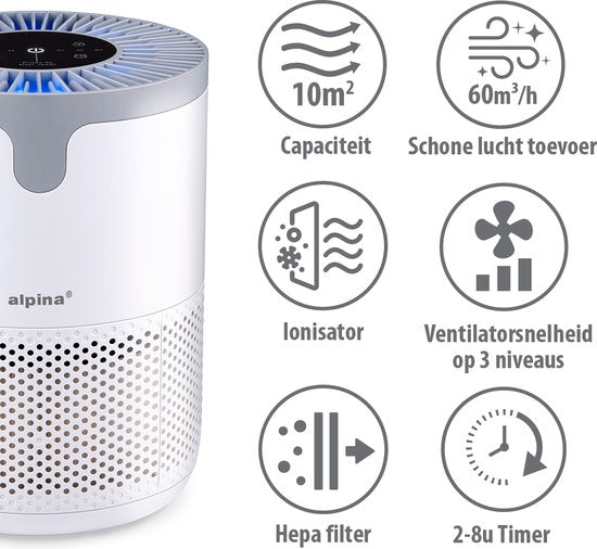 alpina Luftreiniger mit HEPA-Filter H13 – Luftreiniger mit Ionisator für Räume von 5–10 m² – Luftreiniger 60 m³/h – Luftreiniger mit 3 Geschwindigkeitsstufen – 230 V/12 W – Weiß