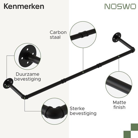 Noswo Wand-Kleiderständer - 2 Stück - Hochwertige Stahl-Kleiderstange - Kleiderständer - Kleiderstange - Kleiderstange - 112 cm - Schwarz