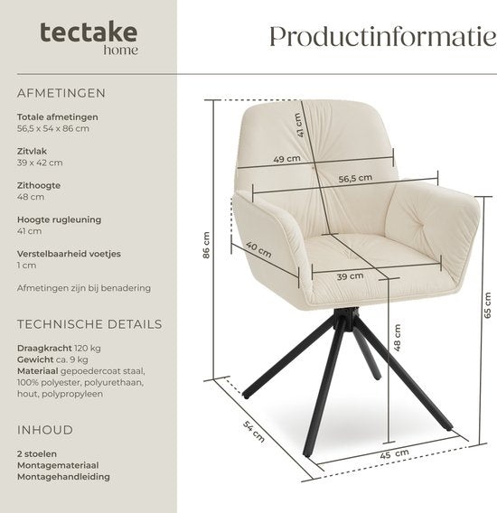 tectake® Drehstuhl Lenia - 2er-Set Drehstühle mit Armlehne - Esstischdrehstuhl - Drehsessel - gepolstert - Samtoptik Creme/Schwarz