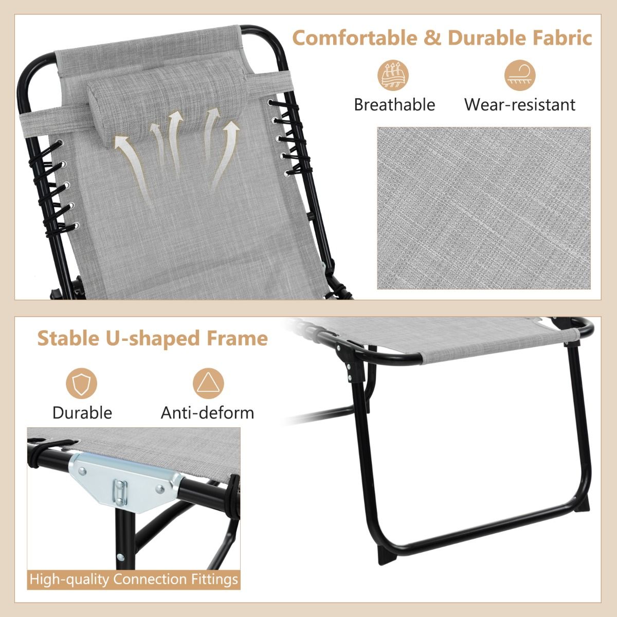 Coast Garden Lounger - Sonnenliege mit Seitentasche und Kopfstütze - klappbar - mit verstellbarer Rückenlehne - grau