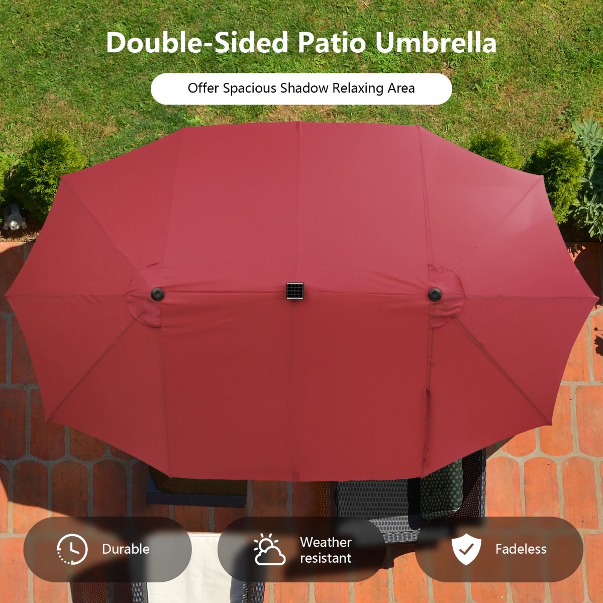 Coast Doppel-Sonnenschirm – 48 solarbetriebene LED-Leuchten – Handkurbel – weinrot 470 x 280 cm