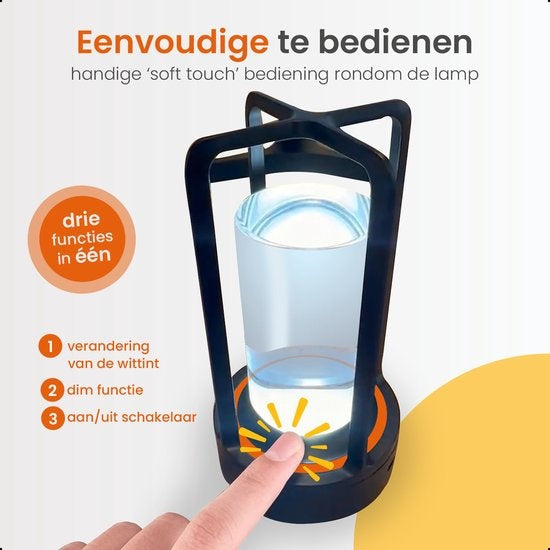 Goliving Tischlampe Wiederaufladbar - Laterne - Kabellos und dimmbar - Moderne Berührungslampe - Nachtlampe für das Schlafzimmer - 17,5 cm - Schwarz