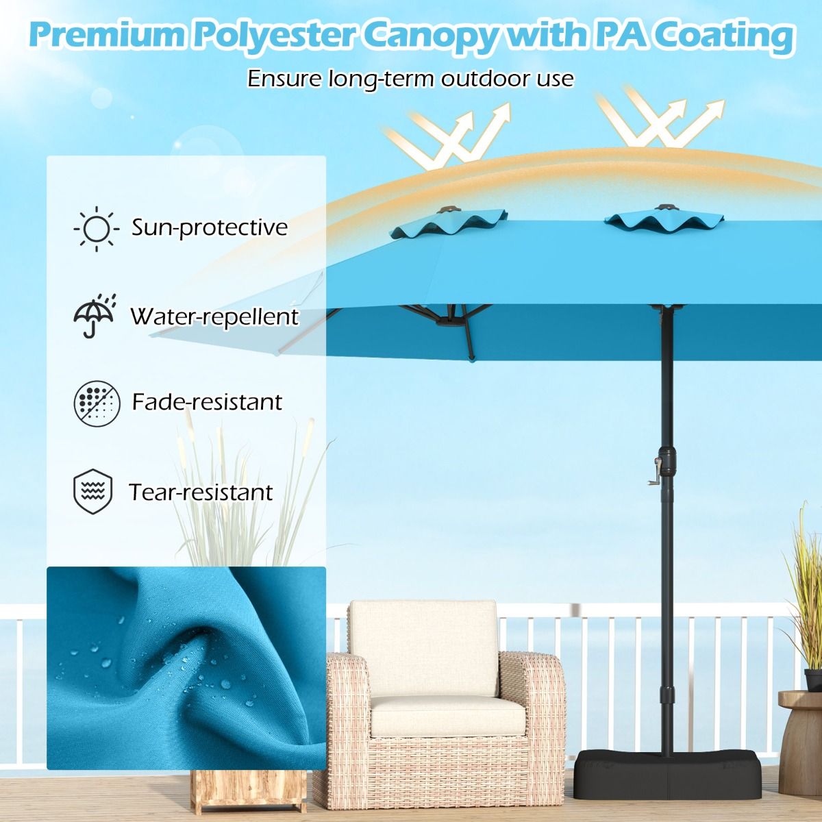 Coast Doppel-Terrassenschirm 470 x 285 x 261 cm – Türkis – Beschwerter Fuß mit Kurbel – 12 stabile Streben – Rechteckiger Garten- und Terrassenschirm