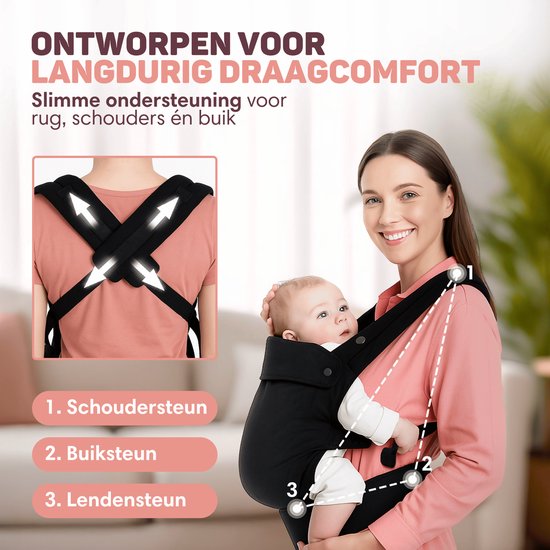 Vulpes Goods® BabyCare - Babytrage - Ergonomische Babytrage 0-36 Monate - Luxus-Bauchtrage bis zu 20 kg - OEKO-TEX® Baumwolle - Freihändiger Komfort - Mit Rückenstütze & M-Position - Schwarz
