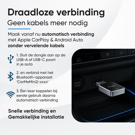 CarMe Mini 2-in-1 CarPlay Dongle V2 - Drahtloses CarPlay & Android Auto - USB-A & USB-C - Android Auto Dongle - Schwarz