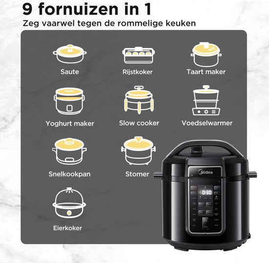 Midea Schnellkochtopf – Pressure Cooker – MY-CS6037WP – 13 Programme – 6 l Fassungsvermögen – 9 Sicherheitsstufen