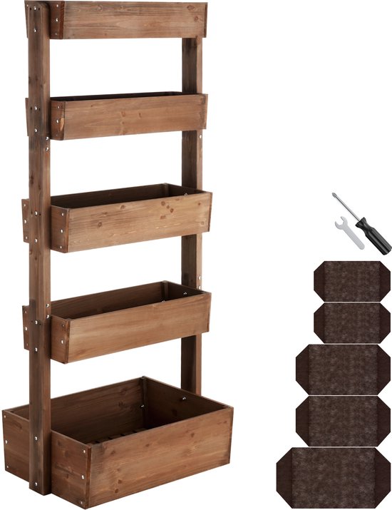 tectake® Vertical Garden Flora - Mit 5 Pflanzgefäßen für Blumen, Kräuter oder Gemüse - Braun - 81 x 52 x 180 cm - Gärtner für den Nutzgarten - Kippbare Blumenkästen aus lackierter Kiefer - Inklusive Vlies/Wurzeltuch - Wetterfest und stabil