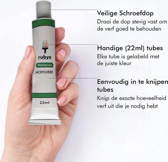 Rubye® Acrylfarbe - Malen - Pinsel - Hobby und Kreativ - Malen nach Zahlen - 22ML Tuben - 12 Farben