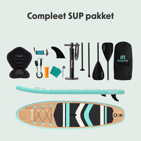 LifeGoods PaddlePro SUP Board - mit Sitz - Aufblasbares Paddle Board - Komplettset - Max. 150KG - 320x81cm - Holz/Mintgrün