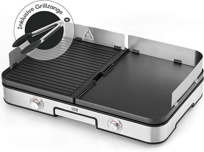LEBENLANG Elektro-Tischgrill - 2400W - inkl. Grillzange und Spritzschutz - 30 x 23,7 x 15 cm - Edelstahl