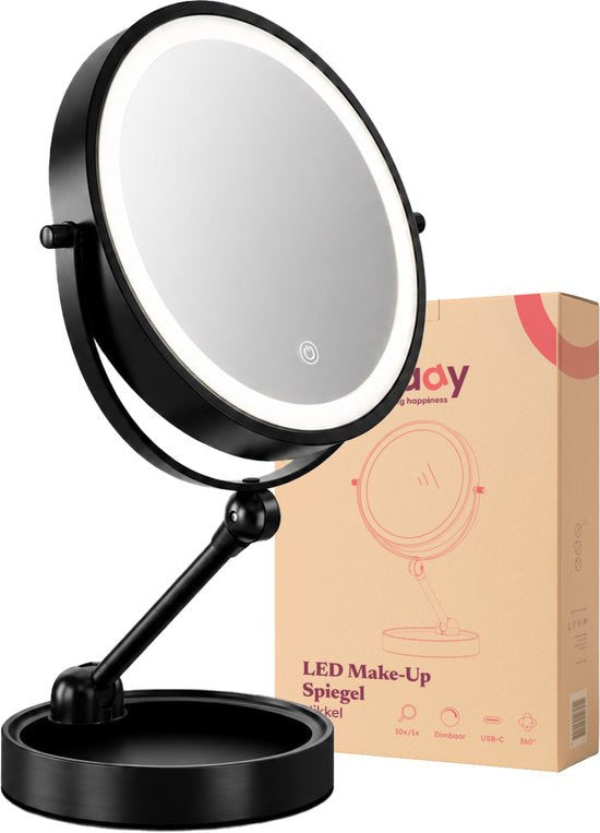 Fraay® Make-up-Spiegel mit LED-Beleuchtung – 10-fache Vergrößerung – Vergrößerungsspiegel mit Licht – Wiederaufladbar – Rasierspiegel – Badezimmerspiegel – Schwarz