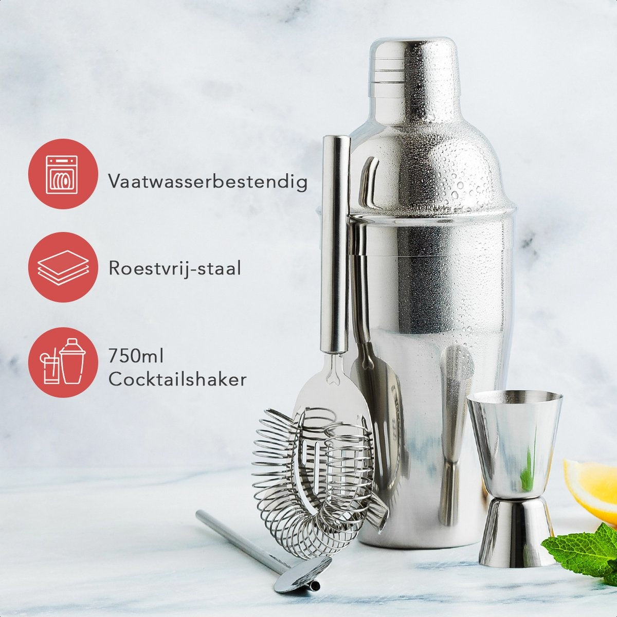 KitchenBrothers Cocktail Set mit Cocktail Shaker - 13 Teile - Komplettset - Geschenkbox - Edelstahl