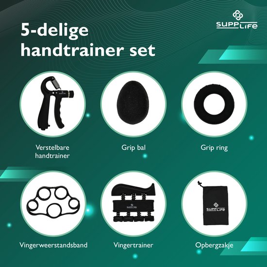 Supplife Handtrainer-Set, 5-teilig – Verstellbarer Handpresser mit Zähler – Grifftrainer & Griffball – Fingertrainer – Anti-RSI