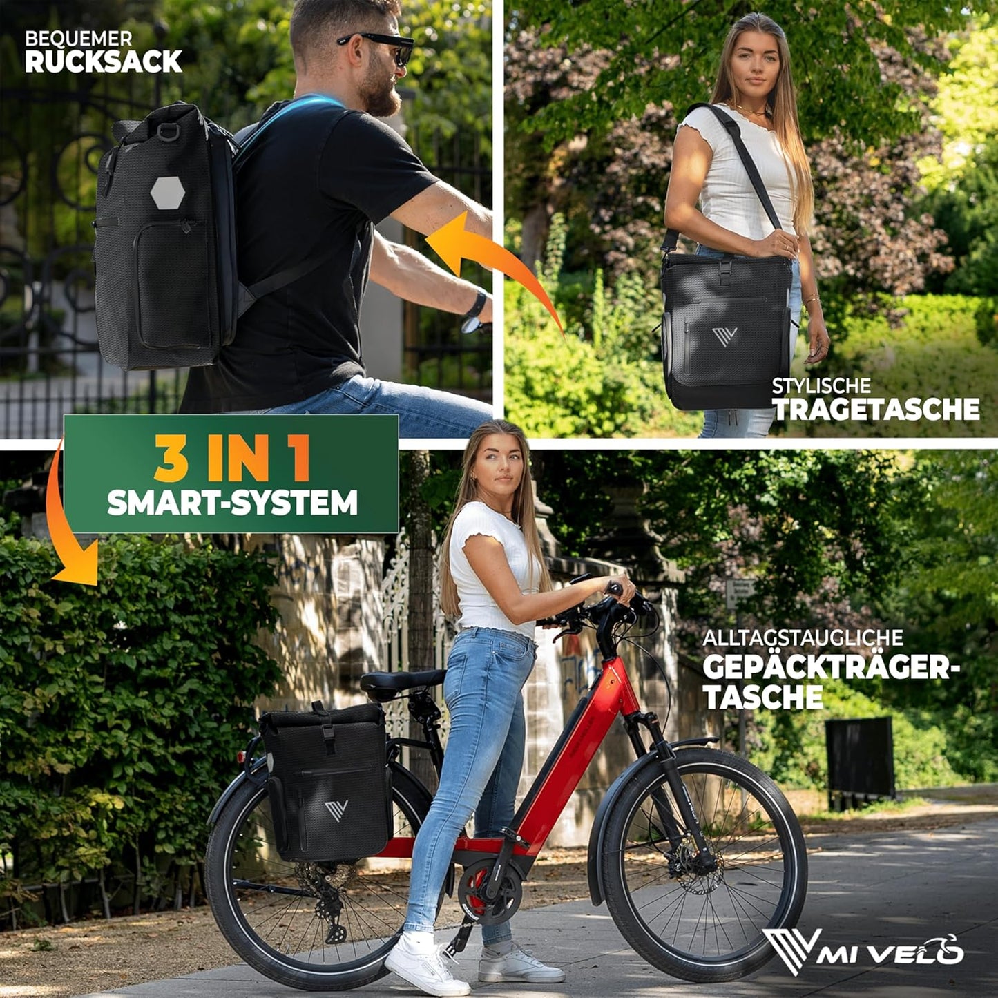 MIVELO 3-in-1 wasserdichte Packtasche, Rucksack und Umhängetasche - 25L, schwarz reflektierend - mit Laptop-Fach & Schnellumwandlungsfunktion