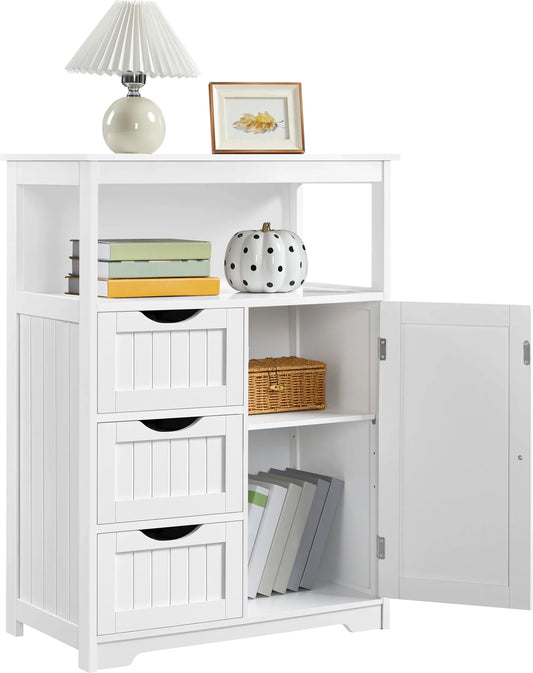 Yaheetech Badezimmerschrank mit 3 Schubladen - mit verstellbarem Regal und offenem Stauraum und Metallbeschlägen - für Badezimmer, Wohnzimmer und Schlafzimmer - weißes Mdf und Metall - 66 x 35 x 90 cm