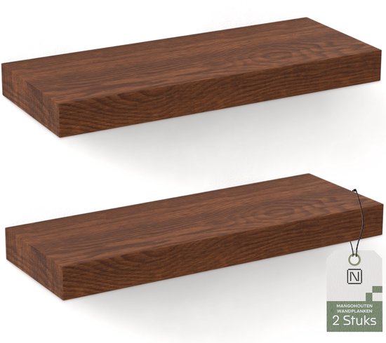 Noswo Schwebendes Wandregal - 2er Set mit 15 kg Belastbarkeit - Massives Mangoholz - Wandregal - 43x16,8 x4 cm - Kann als Wandregal, Bücherregal und Fotoregal verwendet werden - Inklusive Befestigungsmaterial