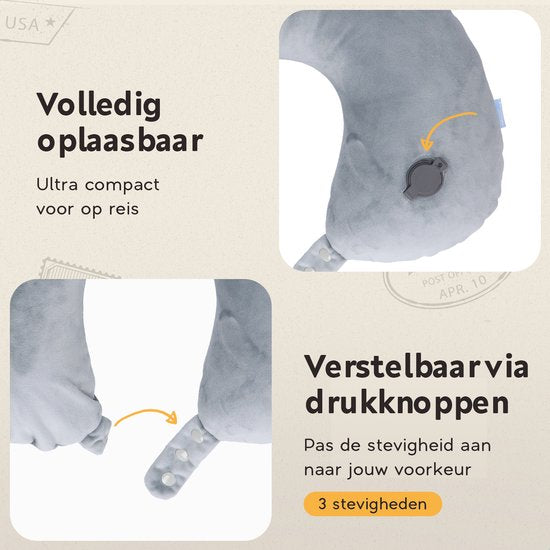 TRAVARA Nackenkissen „The Puffer“ – Aufblasbares Reisekissen – Für das Flugzeug – Autokissen – Travel Pillow – Grau