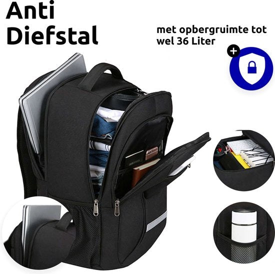 Wadu Anti-Diebstahl wasserdichten Rucksack enthält Usb-Ladestation 14 T/m 15,6 Zoll schwarz