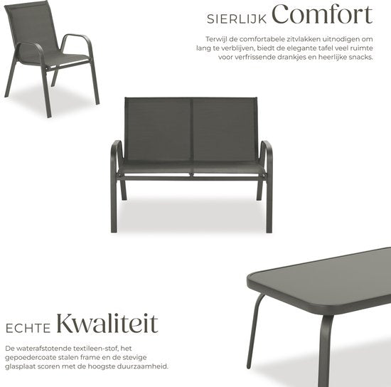 tectake® Gartenset Nora - Moderne Sitzgruppe für 4 Personen - Loungeset mit Gartensofa und 2 Gartenstühlen aus atmungsaktivem, wasserabweisendem Textilgewebe - Balkonset mit Beistelltisch - Luxuriöses Gartenmöbel-Set - Anthrazit