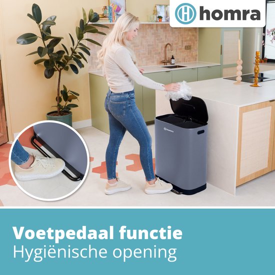 Homra Rockx Pedal Mülleimer 60 Liter - Duo Mülleimer 2X30L mit Geruchsfilter - Edelstahl Mülltrennung Mülleimer 2 Fächer - Recycling Mülleimer - Mülleimer Küchenabfalltrennung - Abfalleimer - Doppelmülleimer Grau