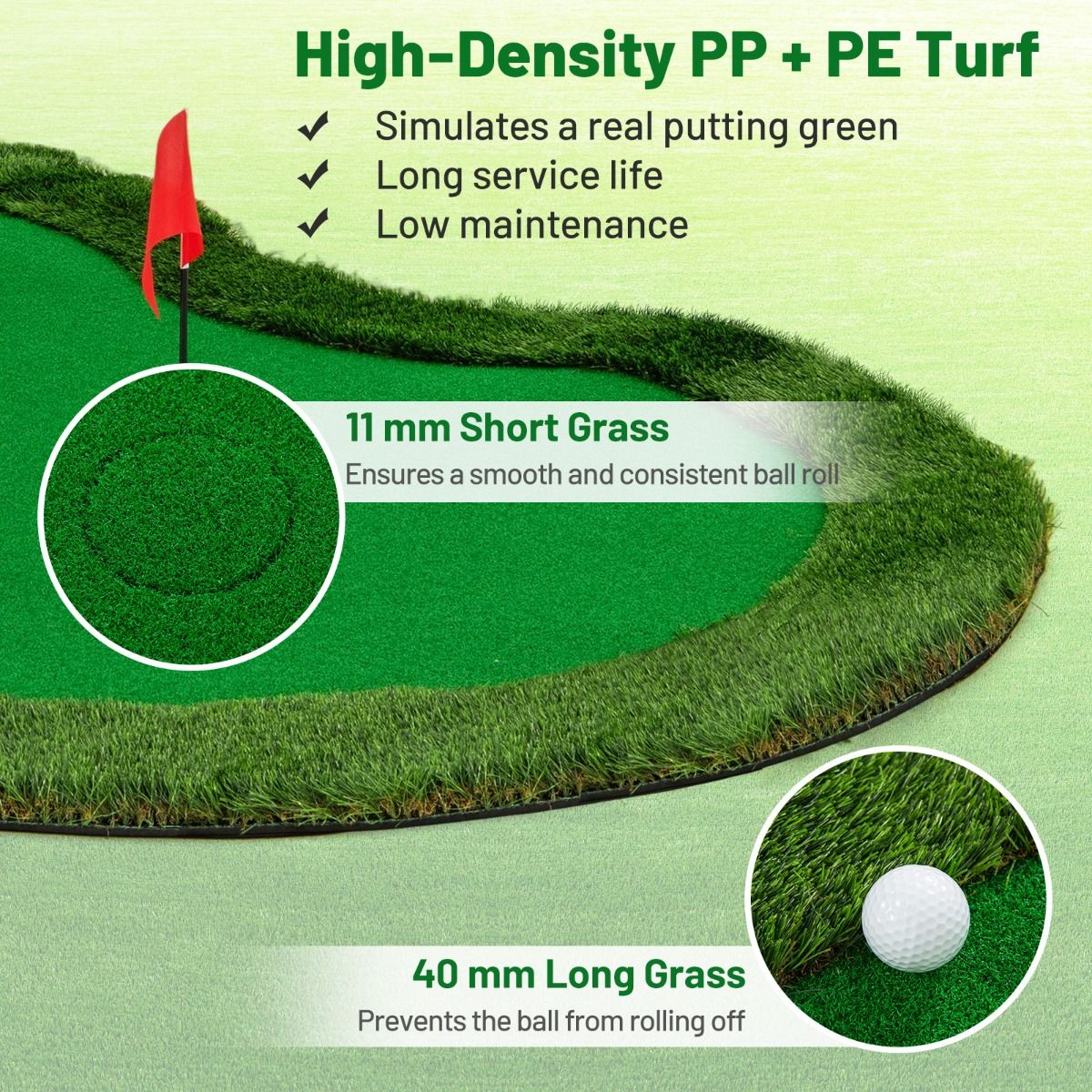 Coast Golf-Puttingmatte – 3 Löcher – inklusive Golfbälle und Flaggen – 300 x 150 cm – grün