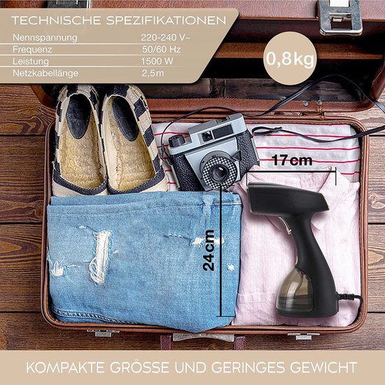 Lebenlang Quick & Go Dampfreiniger - Inkl. 2 Aufsätze - 1500W - Schwarz - 16 x 12 x 25 cm