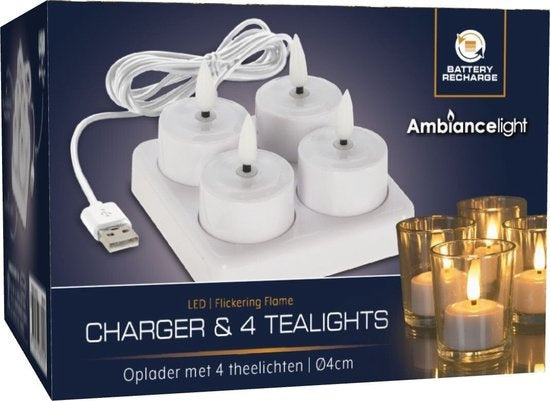 Wiederaufladbares LED-Teelicht-Set 4-tlg. MIT Ladegerät