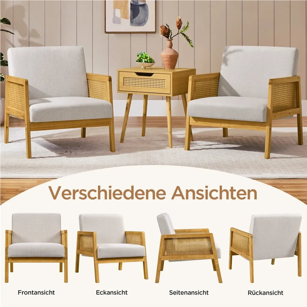 Yaheetech Sessel 65,5 x 71 x 74,5 cm – Beige – Gepolsterter Lounge-Sessel mit Rattan-Armlehnen