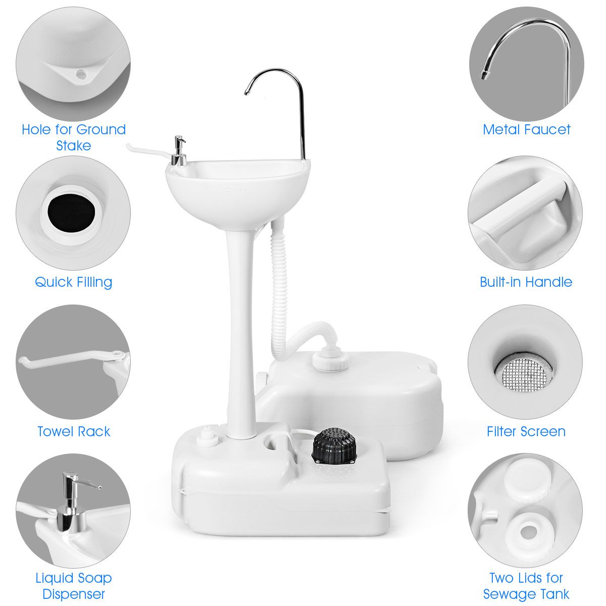 Coast Portable Camping Waschbecken - 17 L Wassertank - Handtuchhalter - Seifenspender - Weiß