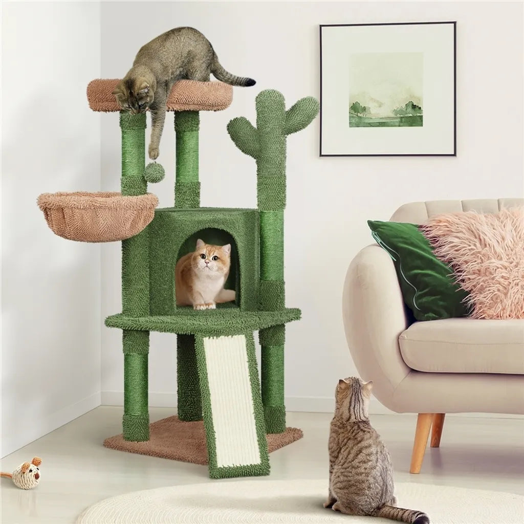 Yaheetech Kaktus Kratzbaum XS 42,5 x 42,5 x 106,5 cm – Grün/Braun – Kratzbaum mit Katzenhaus, Hängekorb und Sisalstangen