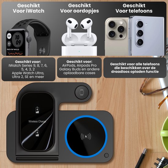Strex 3-in-1 Wireless Charger - Ladestation - 15W Schnellladegerät - faltbar - geeignet für iOS & Android, Apple Watch, AirPods und Wireless Earphones - Schwarz