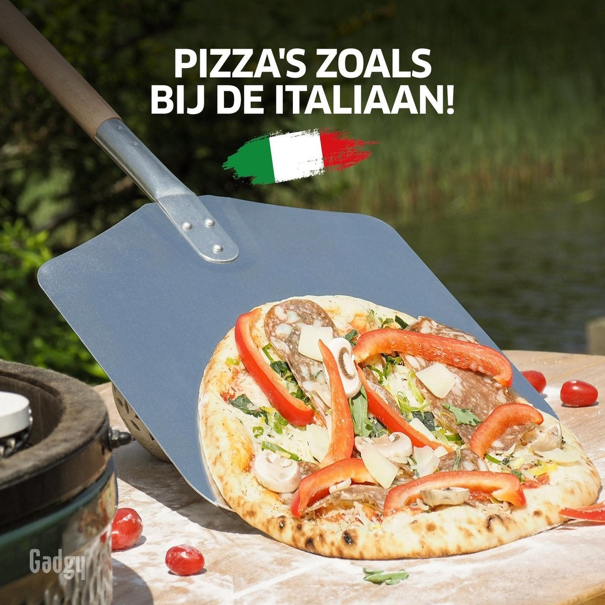 Gadgy Pizzaschaufel für Grill und Backofen - Pizzaspachtel - Geschenk zum Vatertag - Langer Holzgriff - VOfaßbar - Aluminium