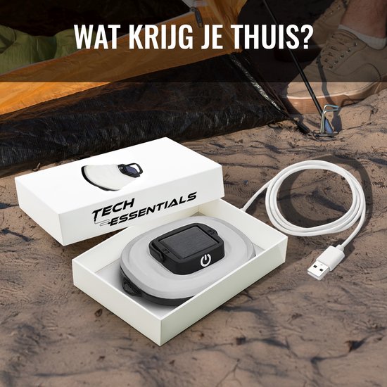 Tech Essentials Solar LED Laterne - faltbar - schwarz - Zeltlampe - Led Lampe wiederaufladbar - Camping - Notfall - Sturm - Hängelampe - Solarenergie
