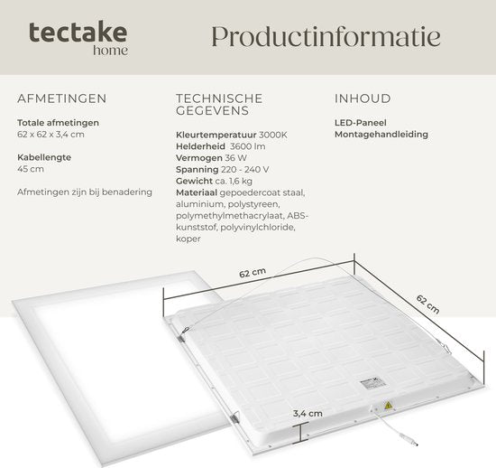 tectake® LED-Paneel Lucerna - LED-Paneel Systemdecke - ultradünn, warm-weiß 3000K, energiesparend, 62 x 62 cm
