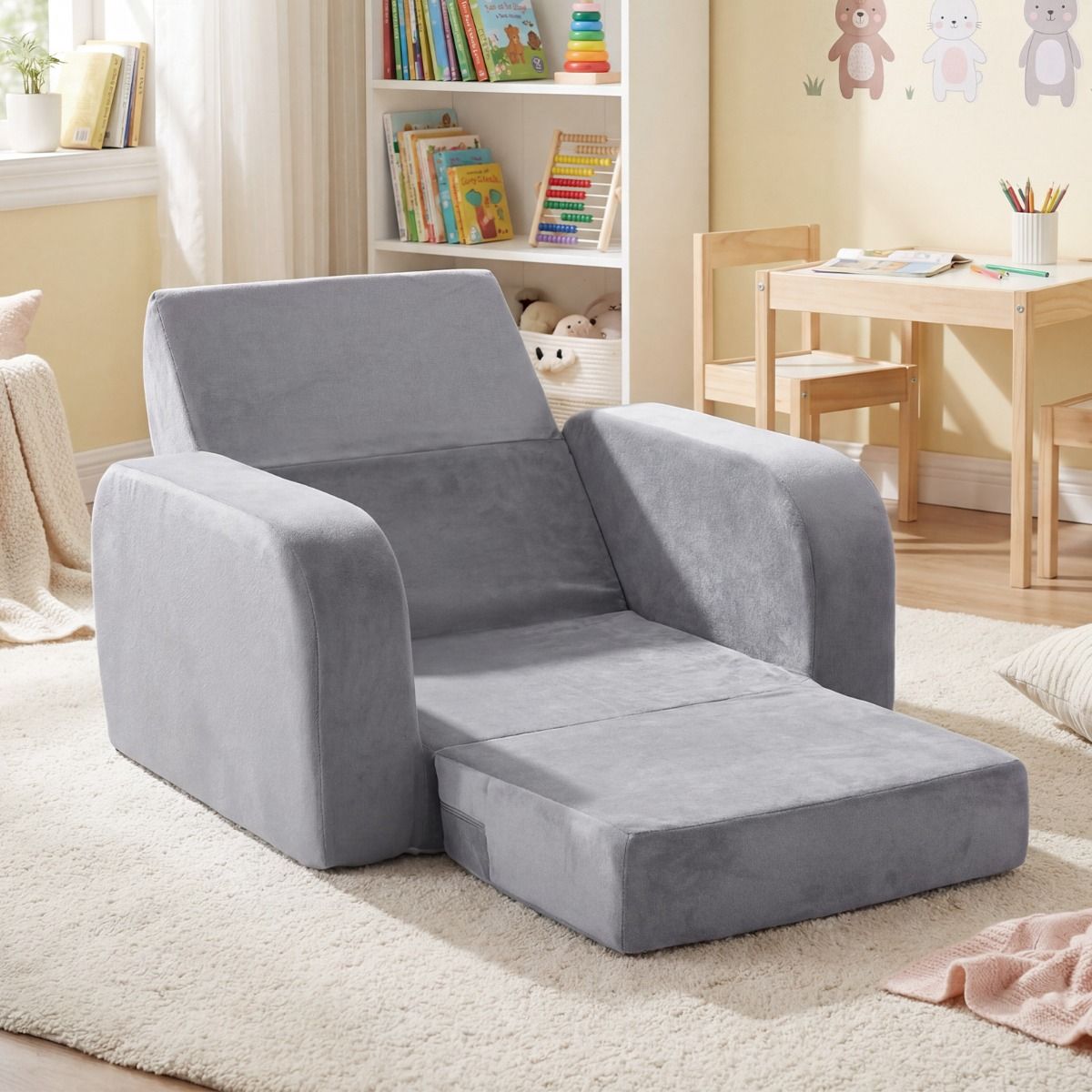 Coast Klappbare Kinderbank – 3-in-1-Kinderbank, Loungesessel und Kinderbett – Ultraweiches Kristallvelours – Grau