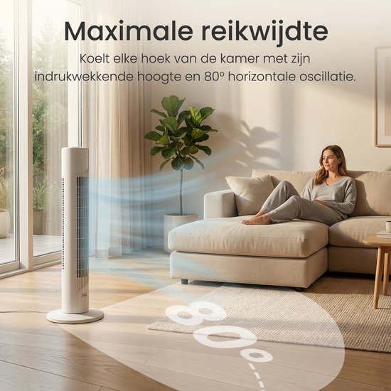 Energieeffizienter Ventilator – Turmventilator mit 3 Gebläsestufen und Schwenkfunktion – Schlafzimmer – Weiß – JAP Quebec