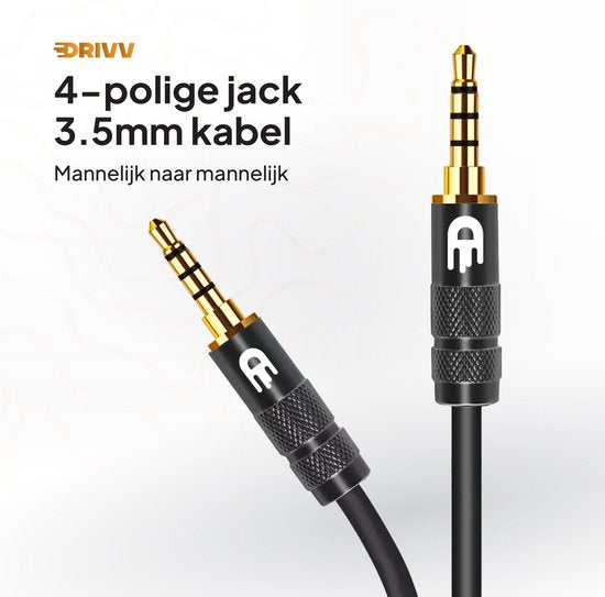 Drivv. AUX-Kabel 3,5 mm - Klinke auf Klinke - 4-poliges Audiokabel - vergoldet - Stecker auf Stecker - PVC - Schwarz - 2 Meter