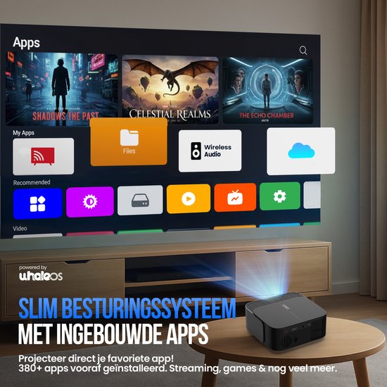 Strex Smart Beamer WiFi – Mini-Beamer mit Apps (WhaleOS) – 1080p-Full-HD-Projektor – 4K-Unterstützung – Bluetooth und integrierte Lautsprecher – inklusive Tragetasche und Projektionsleinwand