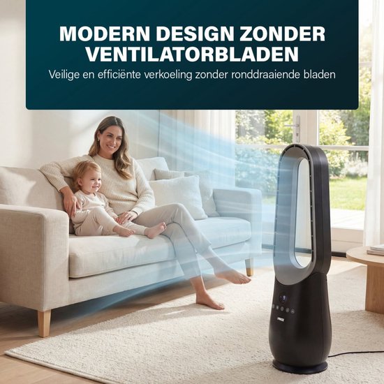 Princess blattloser Turmventilator – 70 W – mit Fernbedienung – Blattloser Ventilator – LED-Anzeige – 4 Geschwindigkeitsstufen – Schwenkbar – 351590