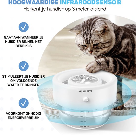Vulpes Goods Pets - Trinkbrunnen für Katze & Hund PRO - Kabellos - Wiederaufladbar - Tragbar - Anti-Spill - weiß