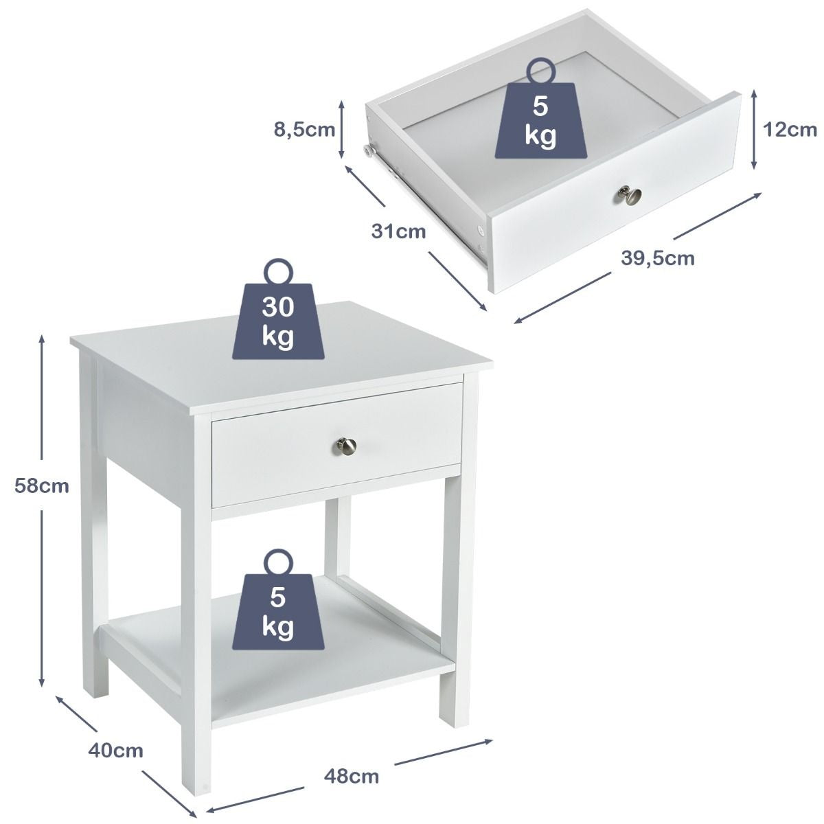 Coast Nachttisch 2-stufiges Nacht-Sideboard moderner Nachttisch mit Schublade weiß